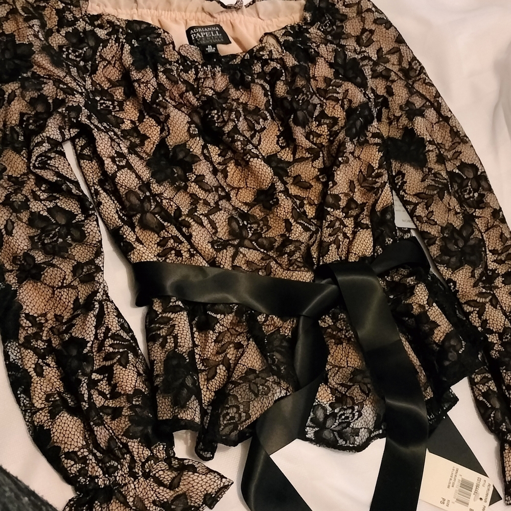 Adrianna Papell Black Lace Peplum Top with Nude Underlay and Satin Waist Tie.